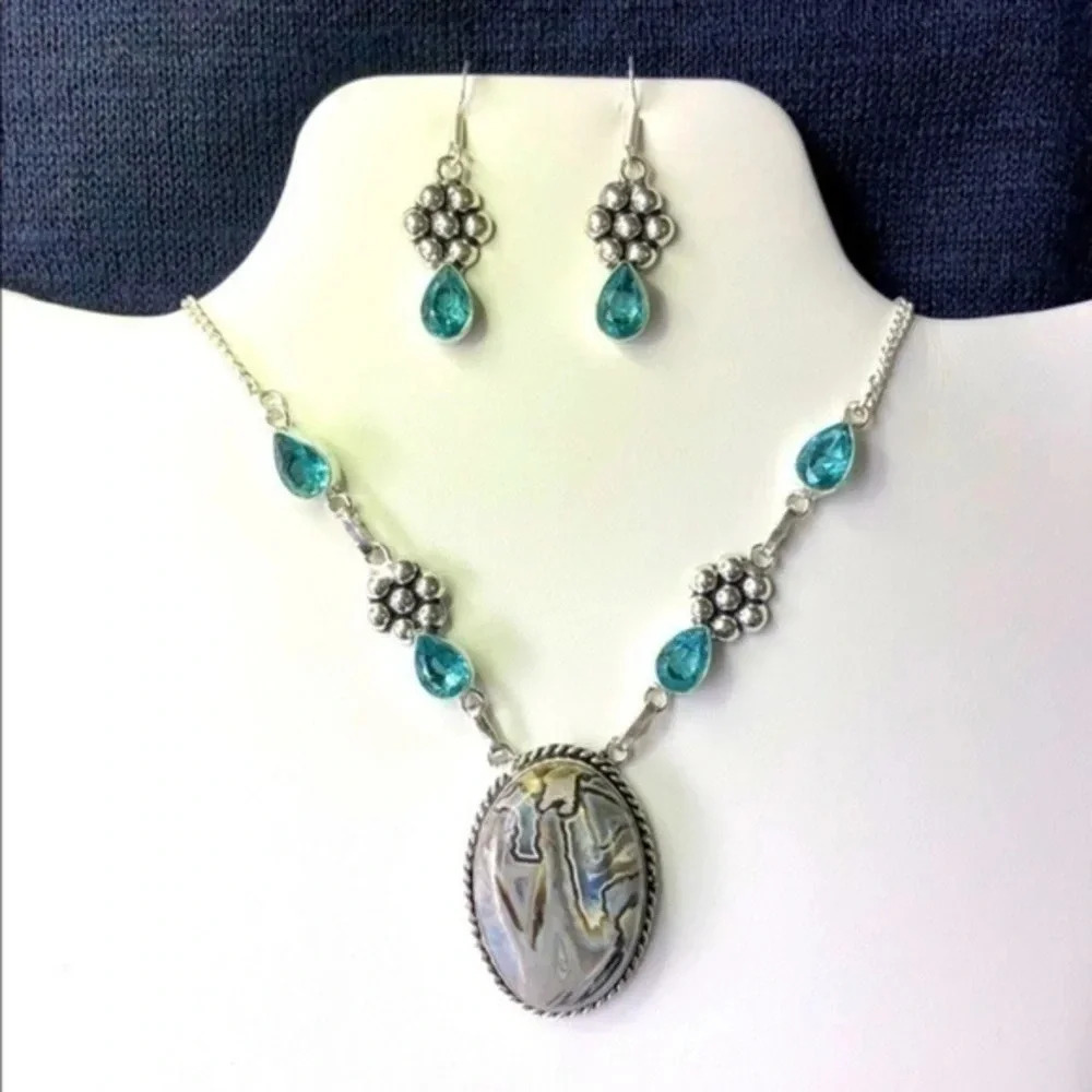 Stick Agate Aquamarine 925 Necklace Earrings